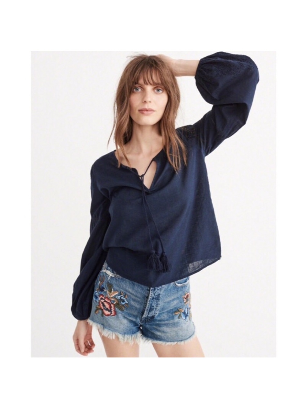 American Eagle Outfitters Navy Tie-Front Peasant Blouse